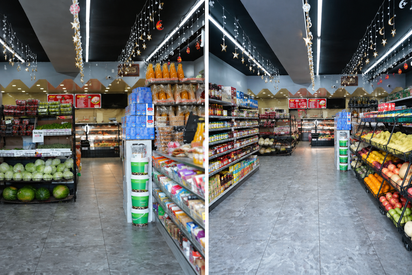Interior of Aljazeera Halal Meat Market showing produce aisles and the halal meat service counter