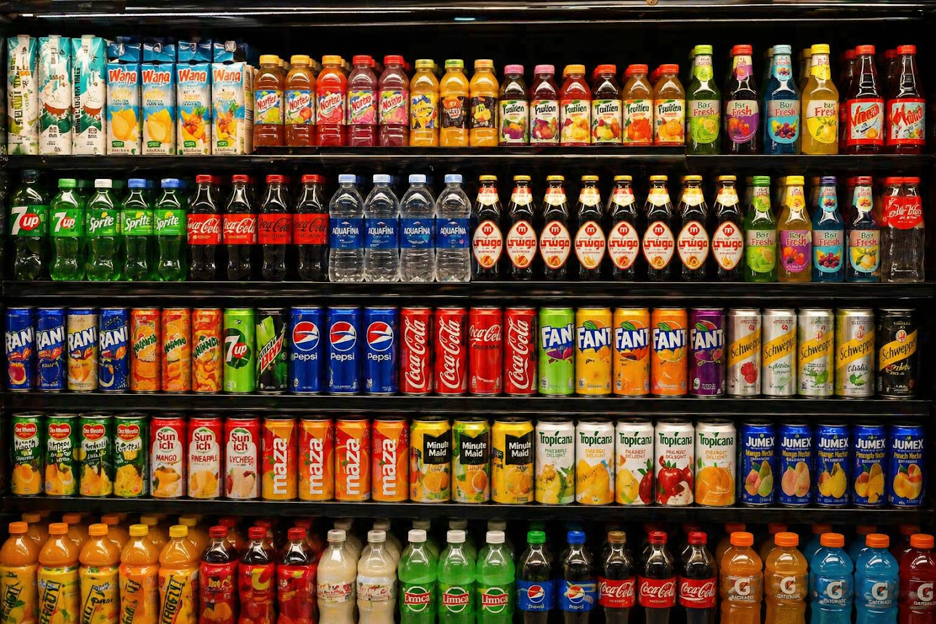 Chilled coolers with soft drinks, fruit juices, canned sodas, and bottled refreshments