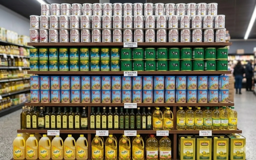 Store shelf display of ghee tins, olive oil, sunflower oil, and other cooking oils with price labels
