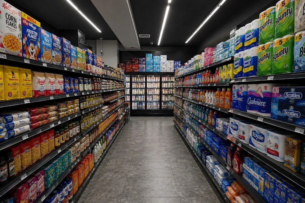 Grocery aisle with cereal, flour, pasta, and canned goods opposite paper towels and cleaning supplies