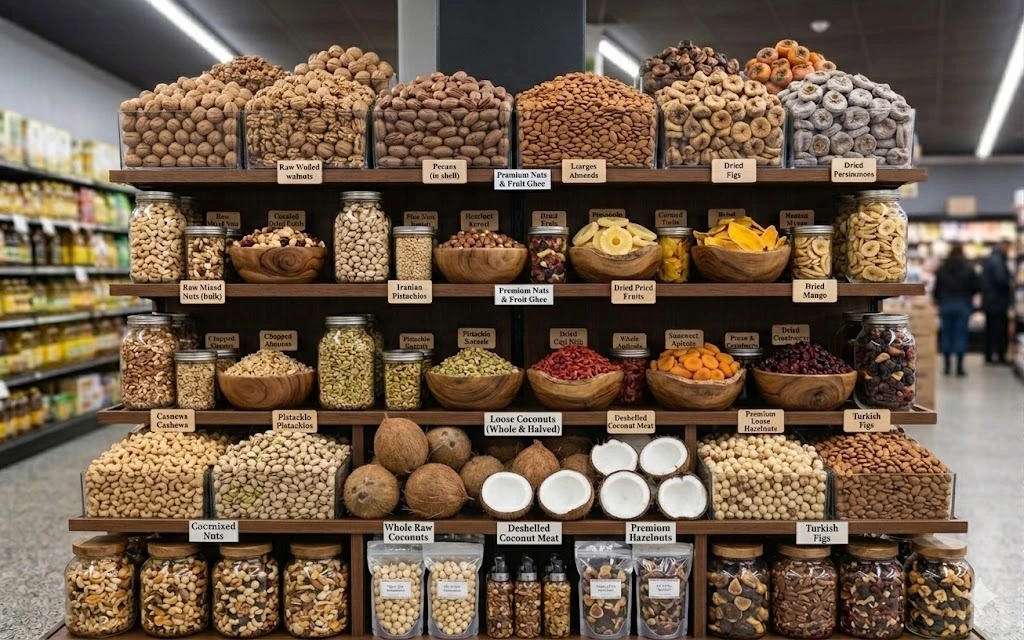 Wooden display shelves with bulk nuts, dried fruits, seeds, and jarred mixes with handwritten product labels