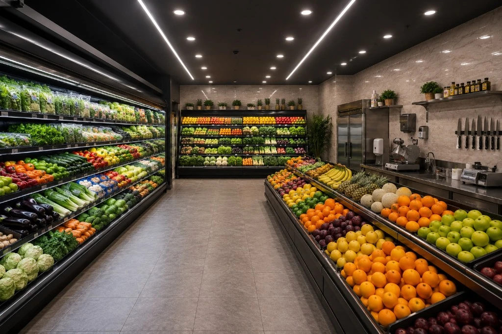 Produce department with refrigerated vegetables and tiered displays of fresh fruit