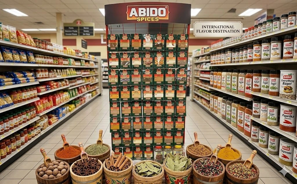 Spice aisle with bulk spices in wooden barrels, hanging Abido spice packets, and bottled seasonings labeled international flavors